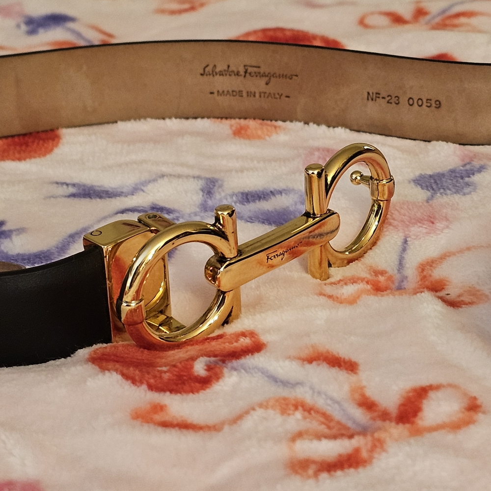 Salvatore Ferragamo Black Leather Belt with Gold Gancini Hardware